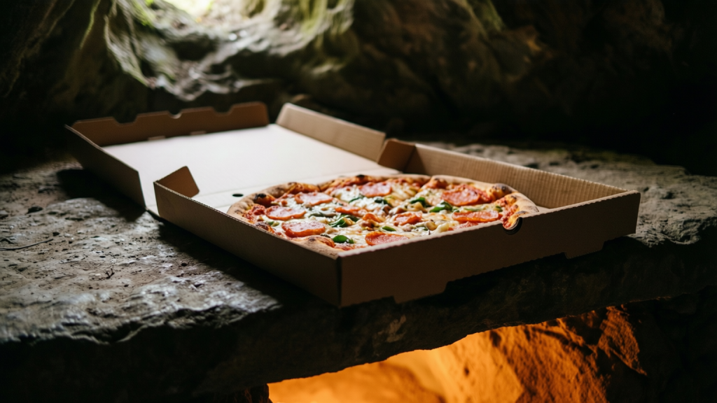 A cartoon illustration of a pizza delivery box with the text Jerry's Pizza We Deliver Anywhere sitting in a dark fiery landscape