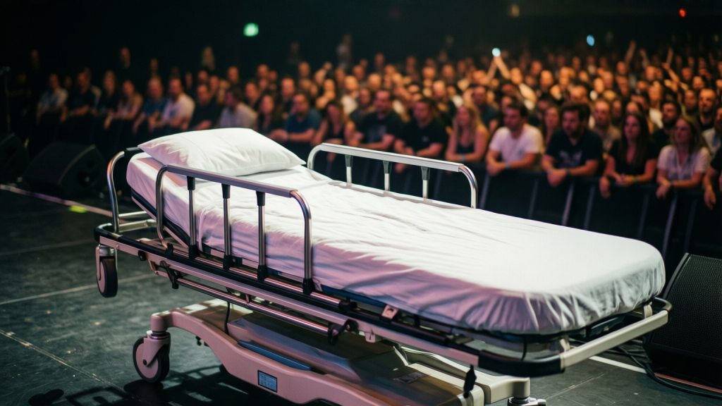 99-year-old woman lying on a stretcher being crowd surfed at a concert