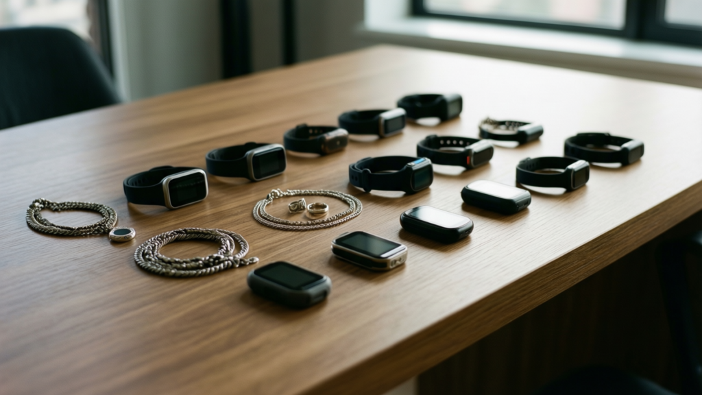 Collection of AI wearables including necklaces and rings on a desk