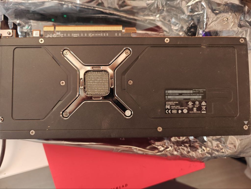 Close up of an AMD Radeon graphics card with Nvidia DLSS technology overlay