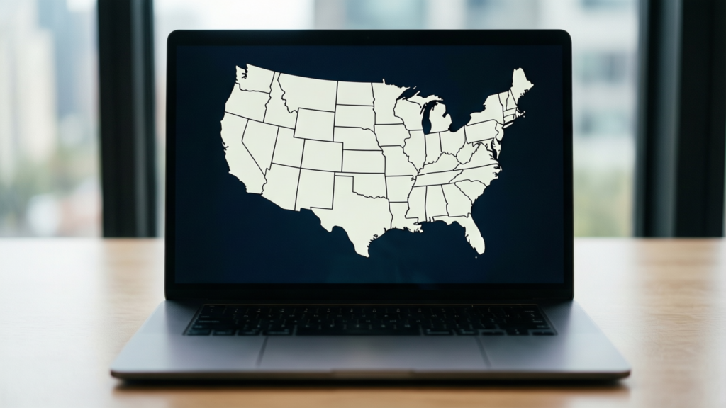 Conceptual illustration of a laptop with US map background representing domestic manufacturing