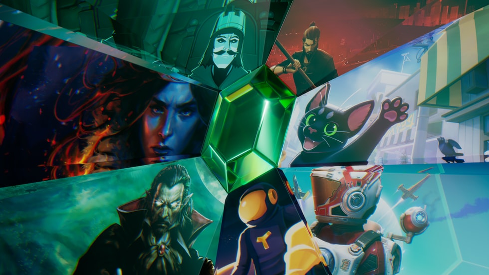 Apple App Store Indie Games Week Launches Seven New Titles 1 A green gem radiates seven rays, each of which contains an image from Sifu; Little Kitty, Big City; No Man’s Sky; Dome Keeper; Vampire Crawlers; Yes, Your Grace 2: Snowfall; and 9 Kings.