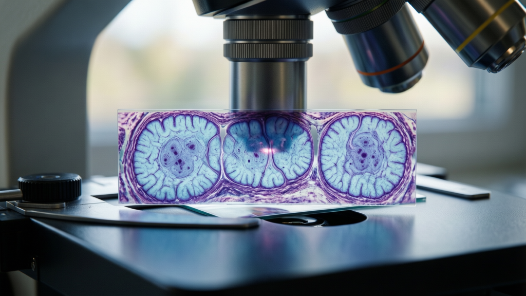 Microscopic view of tau protein tangles in brain tissue with immune cells