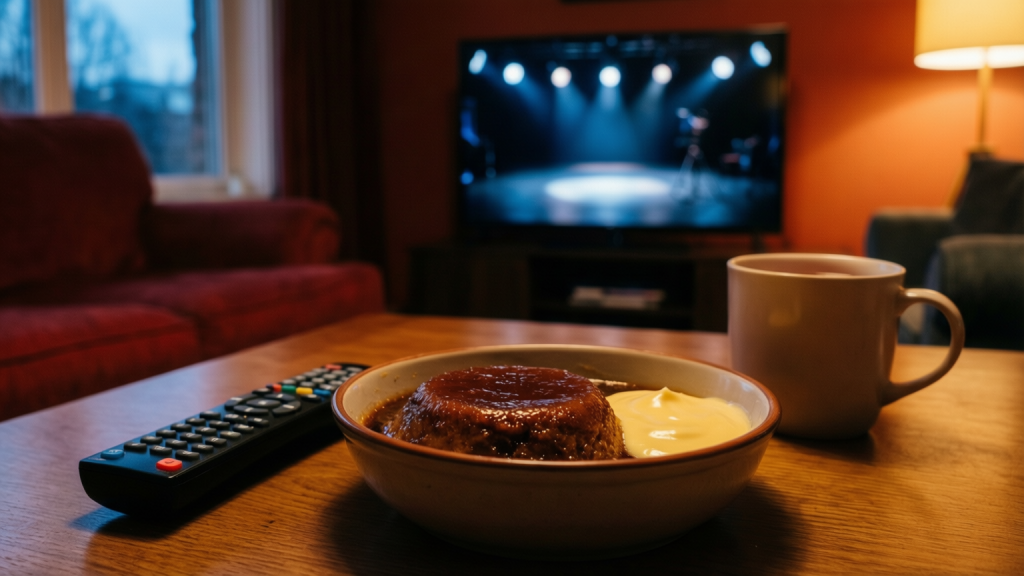 A bowl of sticky toffee pudding with custard next to a television showing Celebrity Traitors