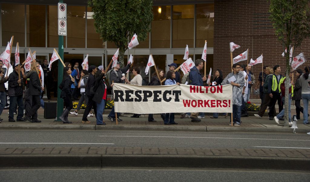 Unite Here Local 1 members picketing outside a Marriott hotel in Chicago during a strike
