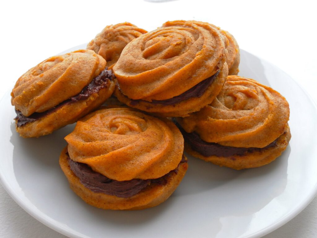 Chocolate and Pumpkin Spice Choux Buns Recipe 2 Pumpkin whoopie pies with chocolate filling