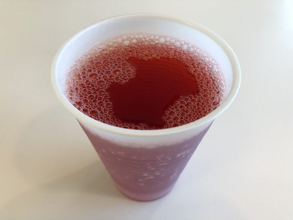 2019 07 20 08 20 26 A serving of cranberry juice in a plastic cup at the Marriott Residence Inn on Katy Mills Parkway in Katy, Fort Bend County, Texas