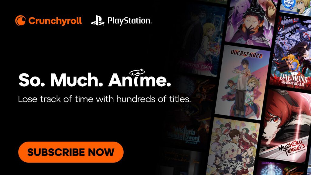 Crunchyroll PS5 interface showing anime titles on a television screen
