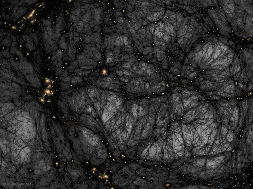 Simulated Dark Matter Reveals Invisible Cosmic Web 1 The picture shows a computer simulation of the matter distribution in our universe with dark matter shown in a dark color on a light background. Please see the explanation for more detailed information.