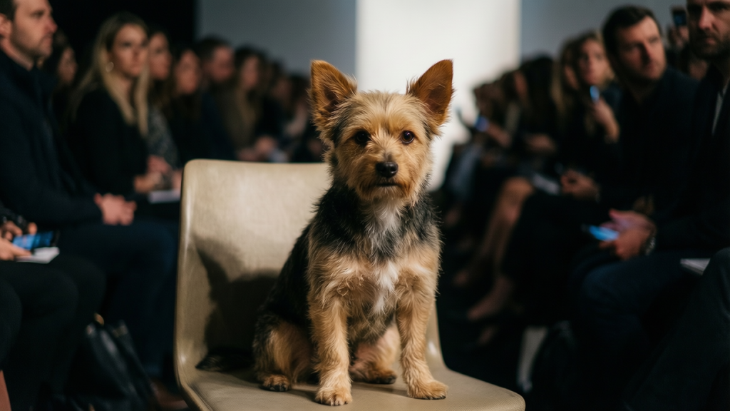 A dog sitting in a front row chair at a fashion week event