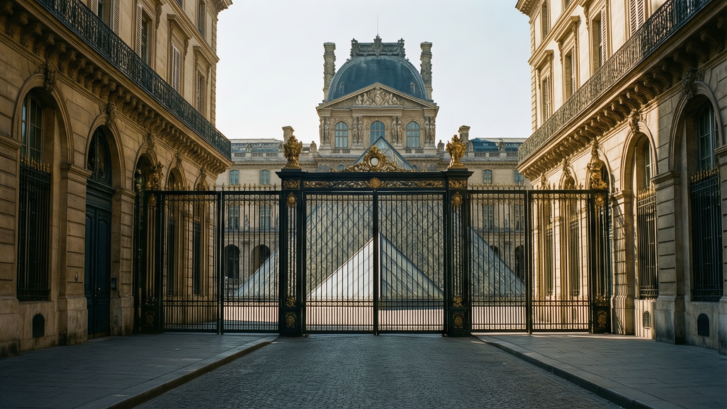 Empty Parisian street with closed Louvre entrance during extreme heat