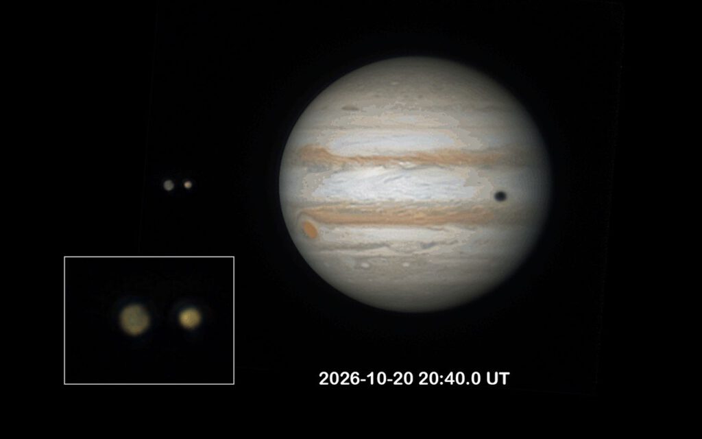 Video still showing Ganymede and Io occultation on Jupiter