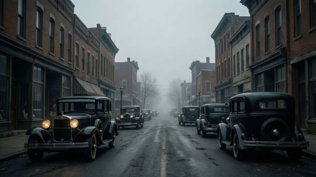 Dark atmospheric street scene from It: Welcome to Derry with fog and vintage cars