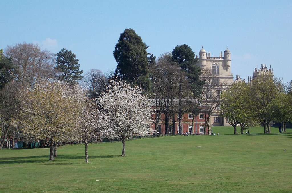 A view of Wollaton Hall west front and Stable Block, Nottingham, England