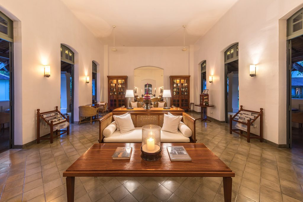 Hotels and Restaurants Ban Influencers to Protect Guest Privacy 2 Reception lounge at Amantaka luxury Resort & Hotel at blue hour in Luang Prabang Laos
