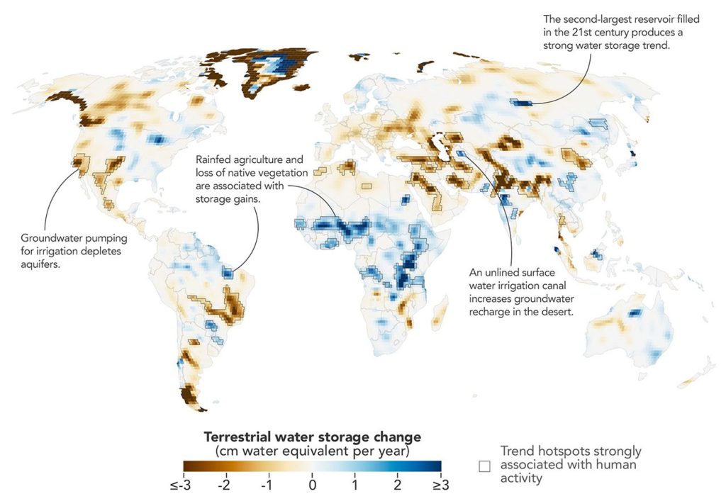 Map showing human impact on water storage changes from 2002 to 2025