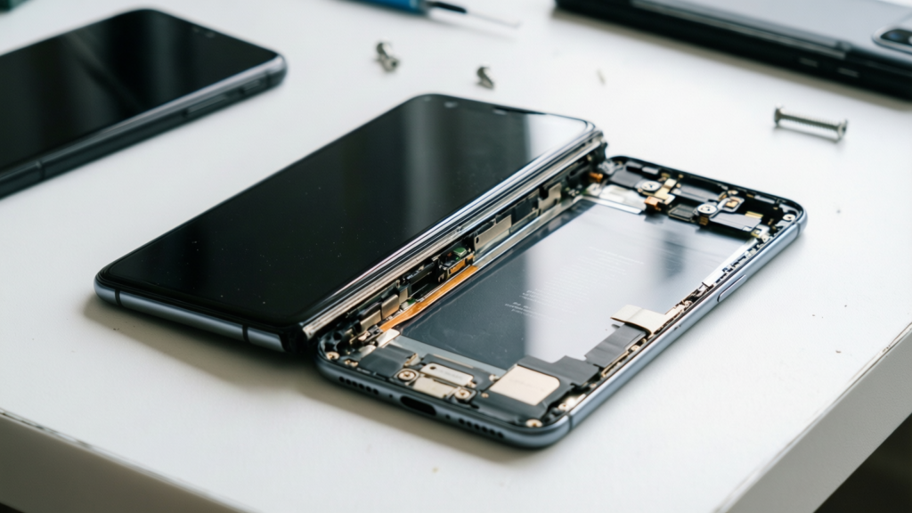 Disassembled iPhone Duo internal components showing hinge and screen layers