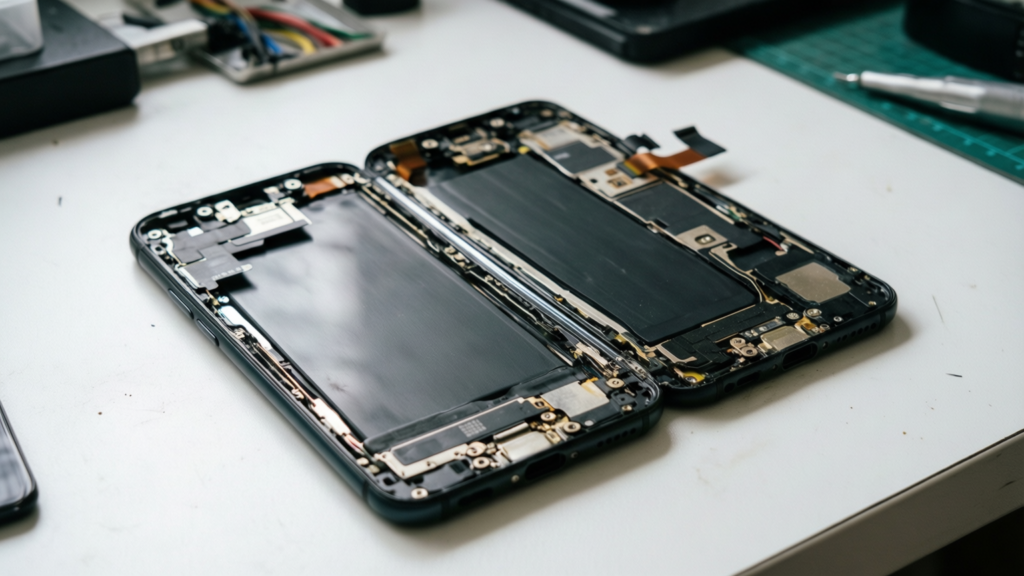 Close up of iPhone Duo hinge mechanism showing internal components