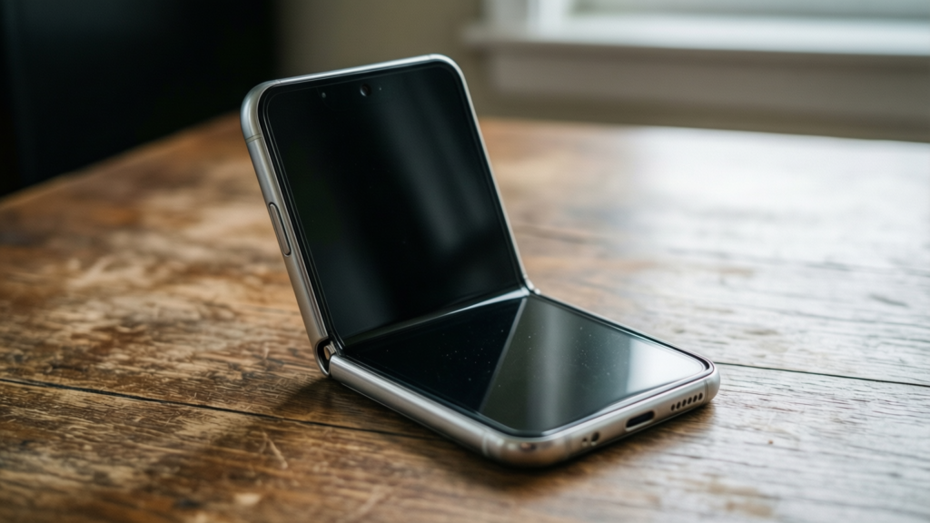 iPhone Duo foldable phone on a desk showing the inner display