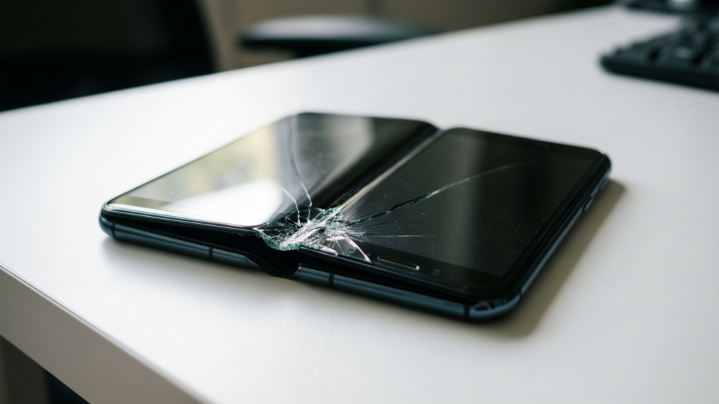 Close up of a cracked iPhone Duo screen hinge