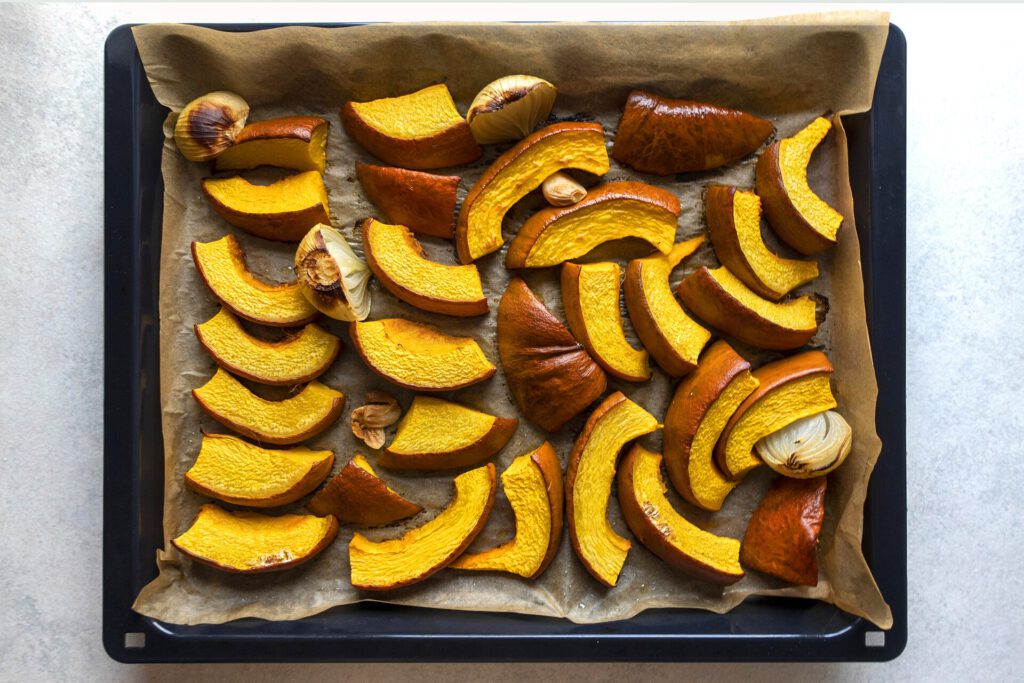 Tray of Roasted Pumpkin, Onion and Garlic