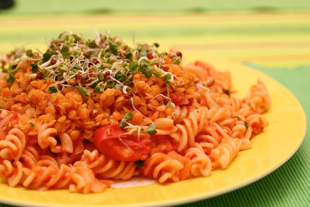 Pasta, Tomato Sauce, Red Lentils & Sprouts