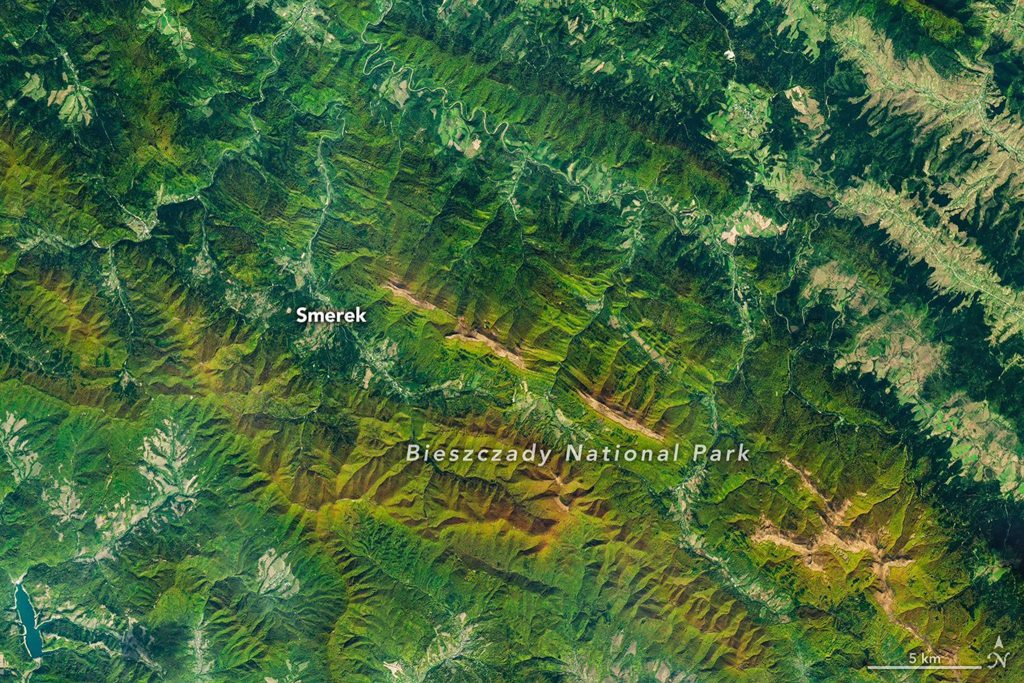 Landsat 9 Captures Autumn Colors in Poland’s Bieszczady Mountains Landsat 9 satellite view of Bieszczady Mountains autumn foliage and polonina meadows
