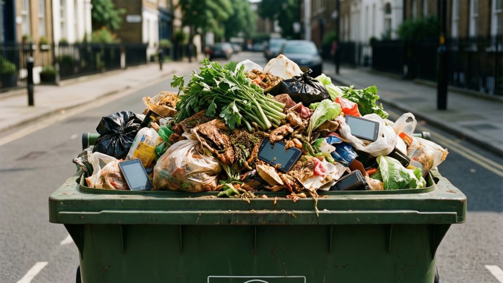 A wheelie bin overflowing with rotting food waste in a London street during a heatwave