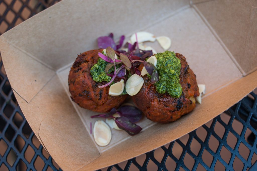 Masala chickpea parsnip fritters served with coconut sambol