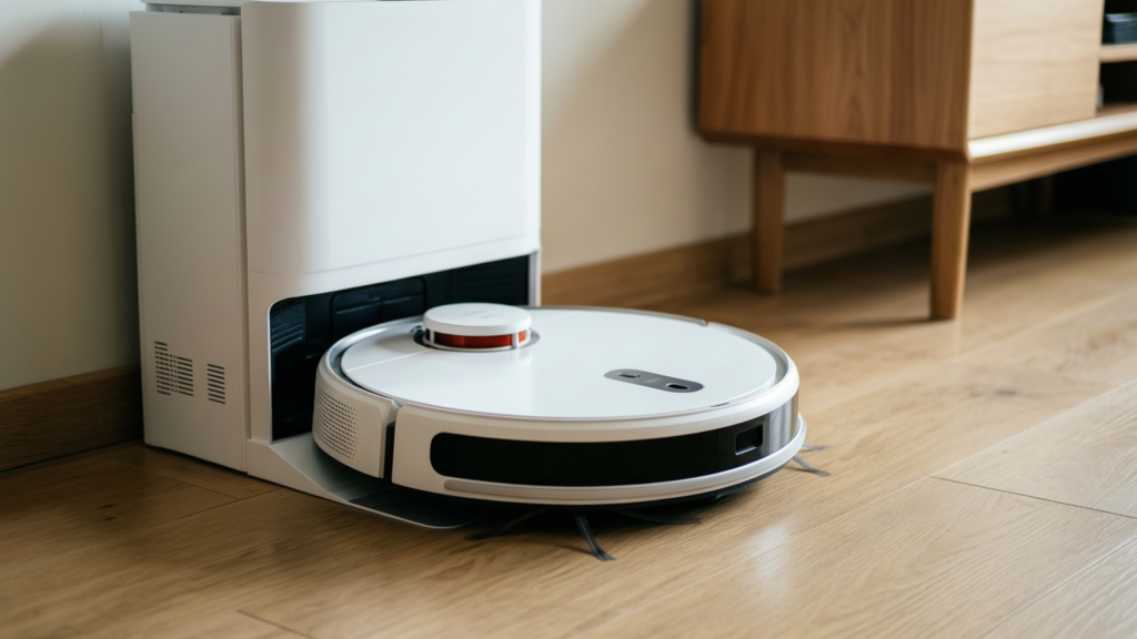 Matic robot vacuum charging dock on a clean floor