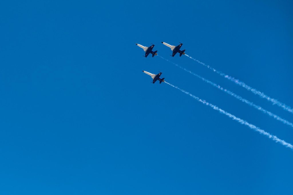 F-5 fighter jets flying in formation for a NASA flyover at MetLife Stadium