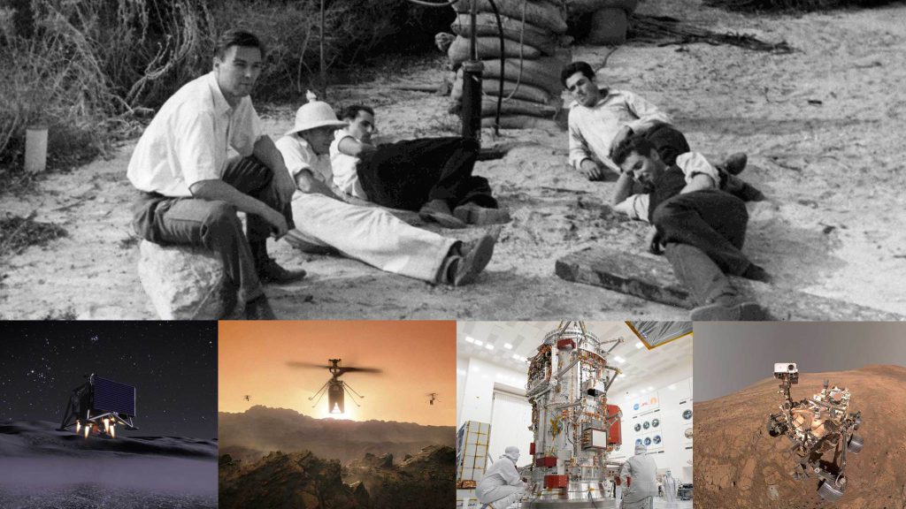 Artist's concept of NASA JPL's SkyFall mission helicopters flying over Mars