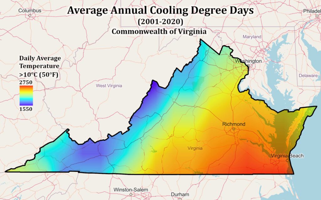 NASA and Virginia Partner for Energy Resilience 1 The image shows a graphic map of the state of Virginia with a spectrum of colors across the state that symbolize daily average temperatures from 2001-2020.