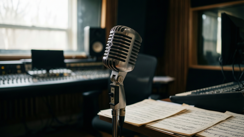 Natasha Bedingfield holding a microphone in a recording studio
