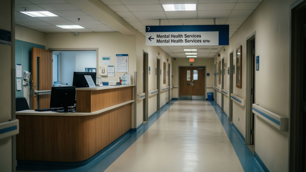 Youth Mental Health Crisis Scheme Cut in Northern Ireland Hospital emergency department entrance with signage for youth mental health crisis support
