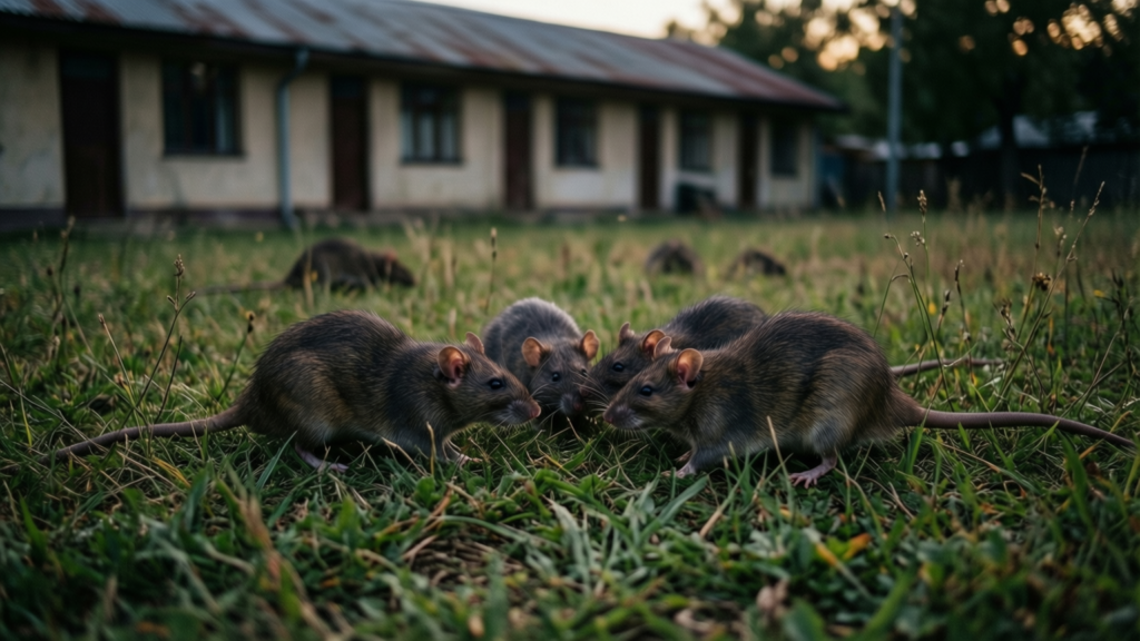 Large rats gathering on a lawn near a dormitory building