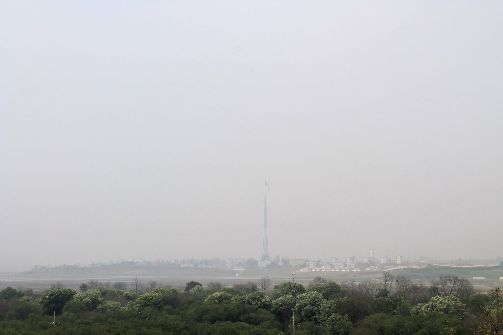 North Korea Threatens to Restart Border Propaganda Loudspeakers North Korean border fortifications with propaganda loudspeakers