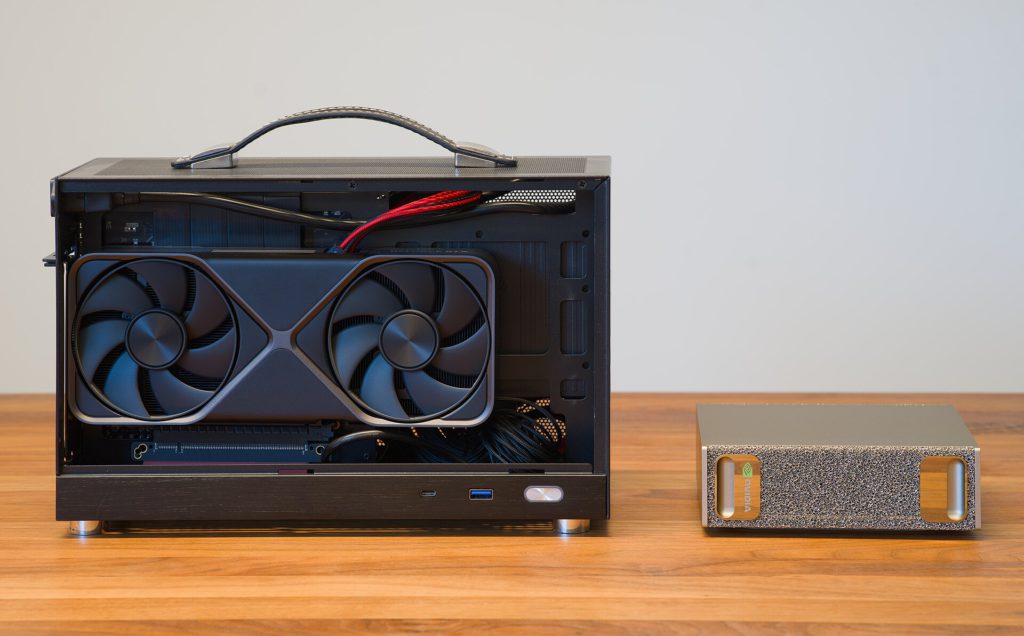 KXRORS S300 SFF PC with GeForce RTX 5070 Founders Edition next to NVIDIA DGX Spark 2026 dllu