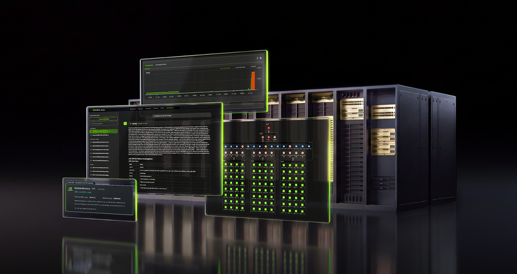 Server racks in a modern data center representing NVIDIA Minerva AI factory infrastructure