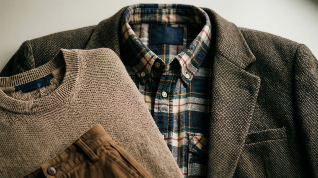 A stack of fine autumn clothing layers demonstrating onion dressing