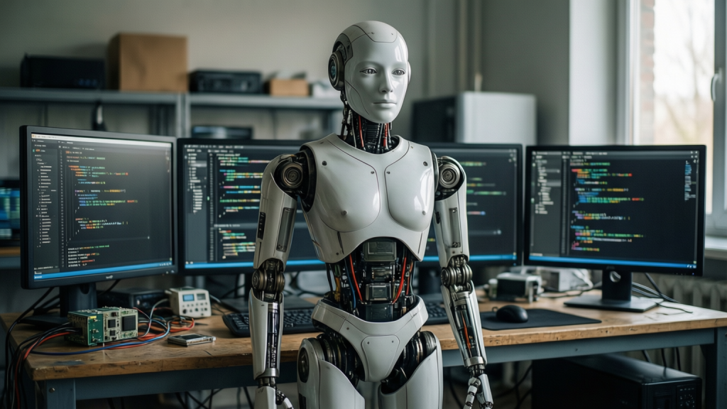 Conceptual illustration of an OpenAI humanoid robot brain interface