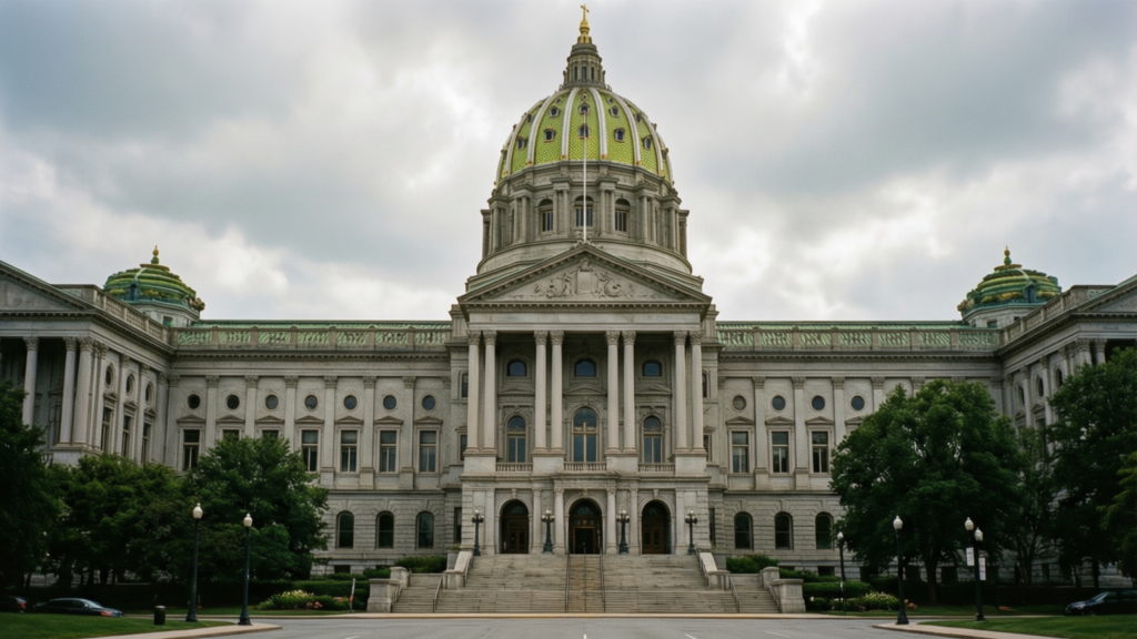 Pennsylvania state capitol building exterior with focus on AI law signage
