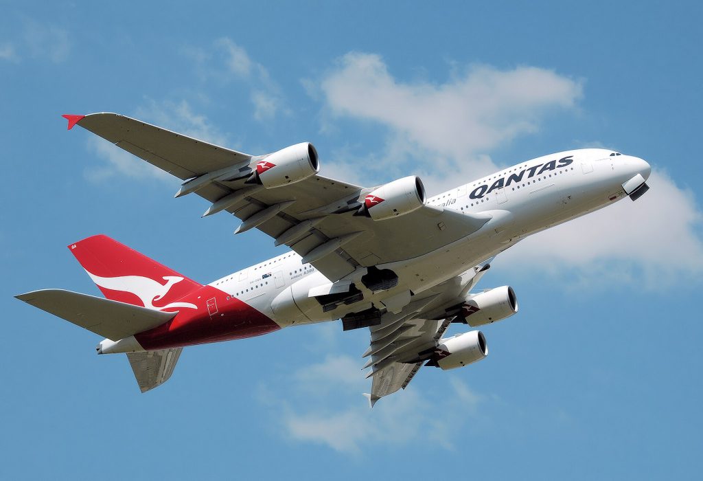 Qantas A380 superjumbo aircraft at Melbourne Airport terminal