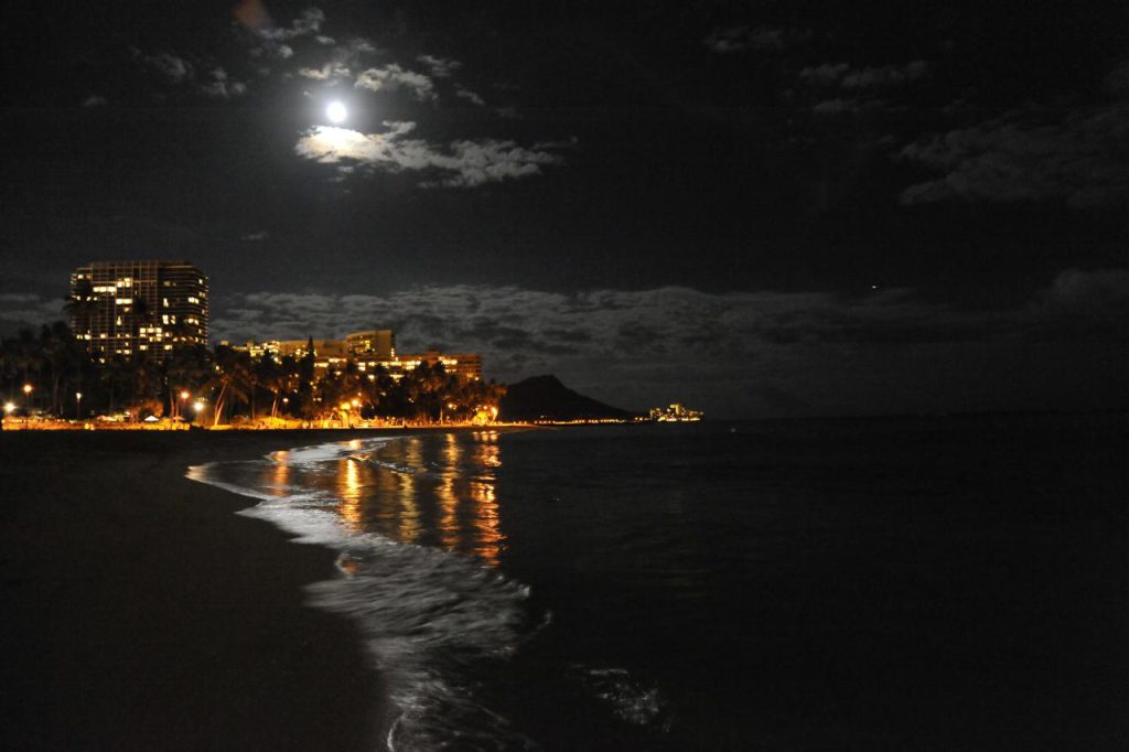 Waikiki Beach and Diamond Head at night