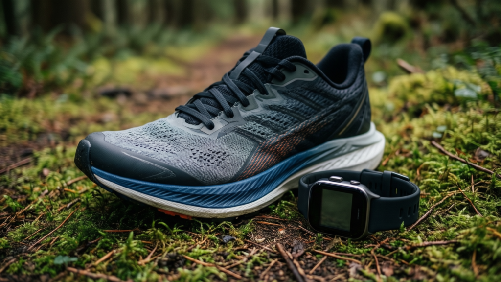How a Runner’s Obsession Led to Anxiety and Sleep Loss Running shoes and fitness tracker on a trail path representing fitness addiction