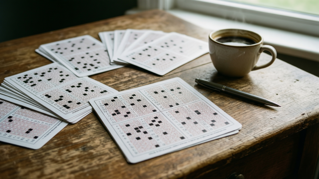 A collection of quiz cards and a pen on a wooden table for the Saturday quiz