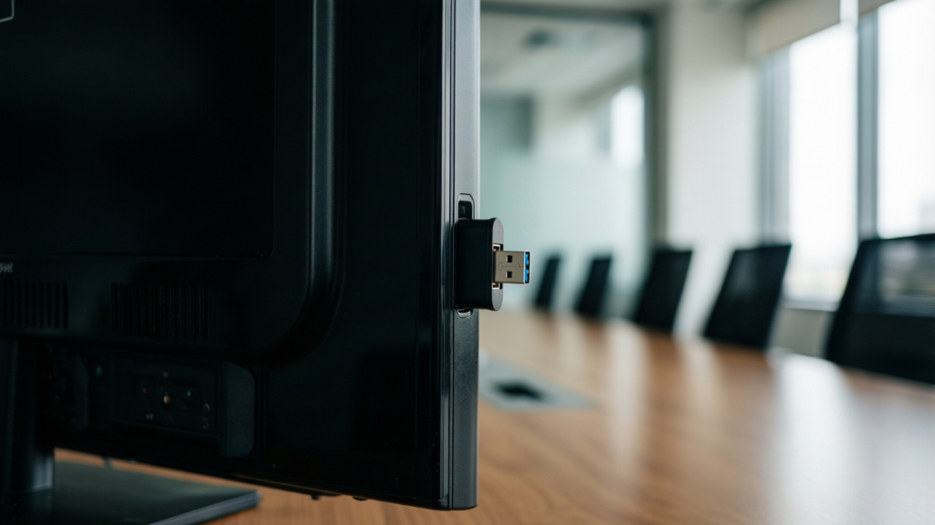 A USB port on the back of a television in a conference room where an OpenAI spy device was found