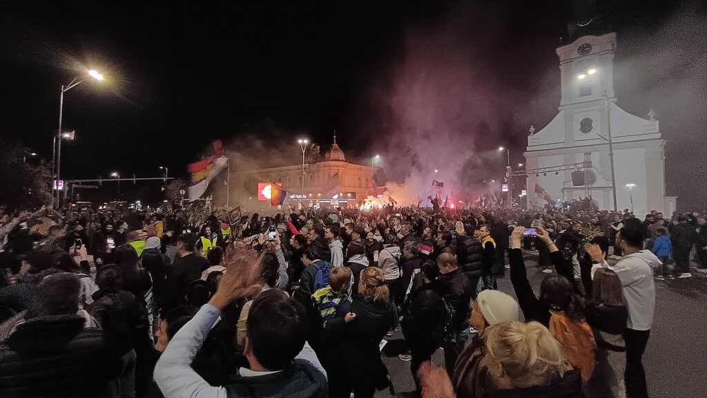Crowds celebrating Serbia election results in Belgrade