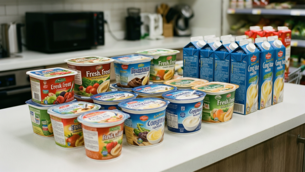 Supermarket Custard Taste Test: Best and Worst Rated Assorted supermarket custard pots and cartons on a kitchen counter