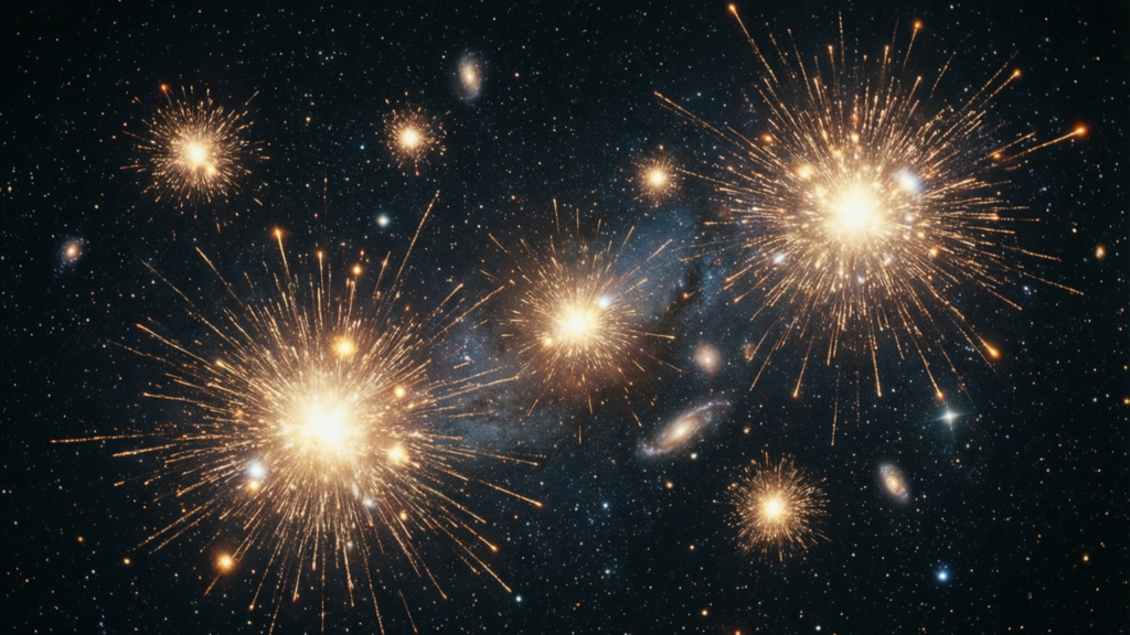 3,000 Supernovae Suggest Dark Energy Shifts Over Time Artist's impression of Type Ia supernovae exploding in the dark sky representing dark energy changes